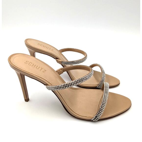 Schutz Taliah Glam Leather & Crystal Sandals Women's Beige Size US9B - Picture 3 of 11